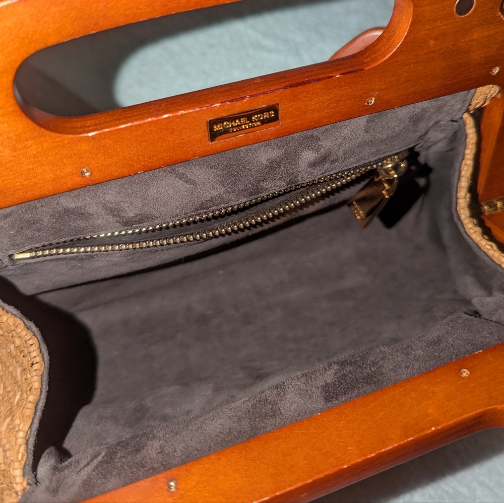 Michael Kors Collection  Tan and Brown Woven Clutch with Chain Accent - Picture 10 of 11